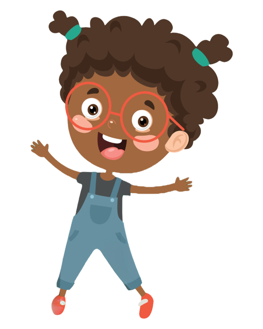 Toddies Preschool mascot, a smiling girl with curly hair, red glasses and denim overalls